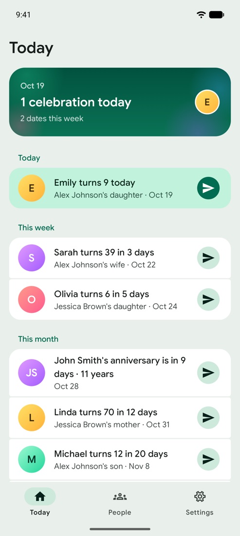 The Today screen on Android: Emily turns 9 today, Sarah turns 39 in 3 days