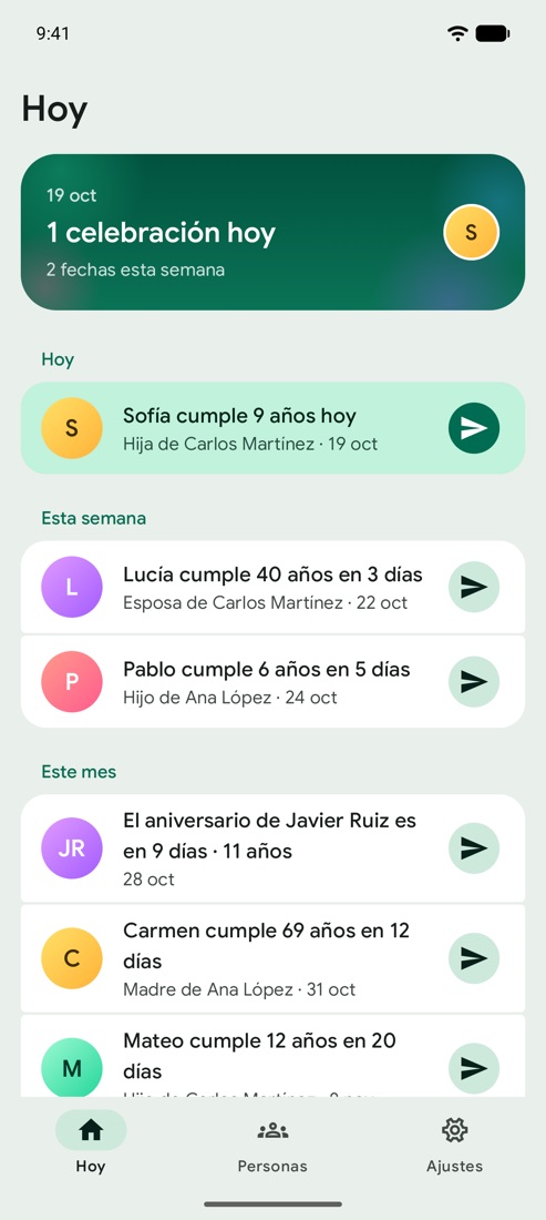 La pantalla Hoy en Android: Sofía cumple 9 años hoy, Lucía cumple 40 en 3 días