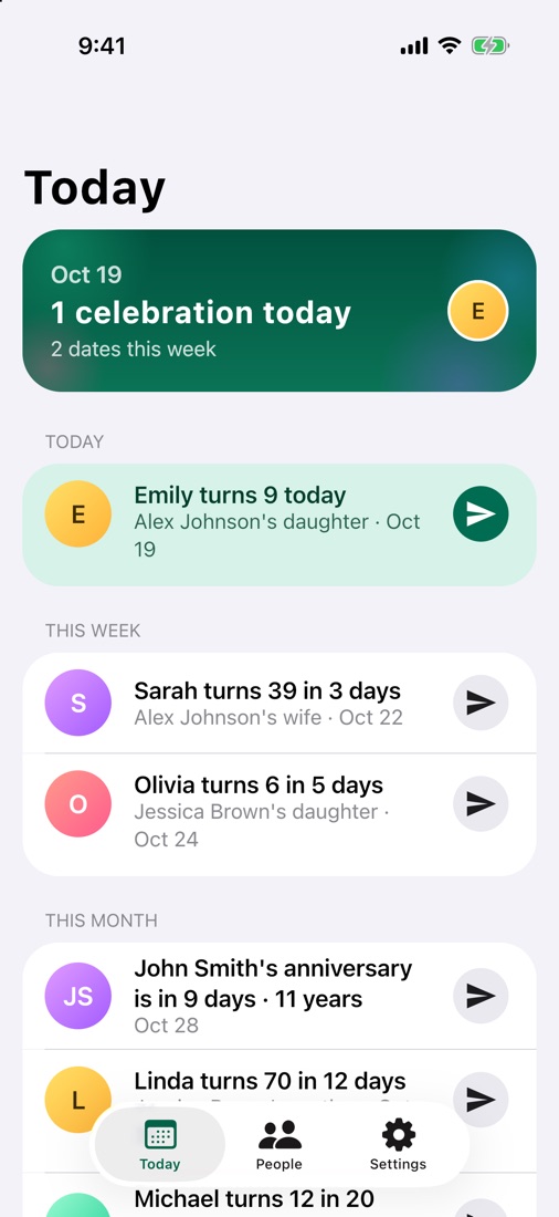 The Today screen on iPhone: Emily turns 9 today, Alex Johnson’s daughter