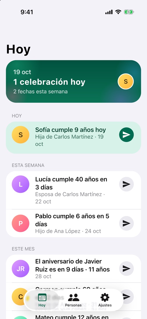 La pantalla Hoy en iPhone: Sofía cumple 9 años hoy, hija de Carlos Martínez